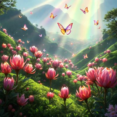 The primary subject of the image is a field filled with pink flowers, creating a beautiful and vibrant scene. The setting is a lush green hillside, with a mountain in the background. The visual style of the image is a digital art or illustration, showcasing the artist's creativity and attention to detail. The dominant colors in the image are pink and green, giving the scene a warm and inviting atmosphere.